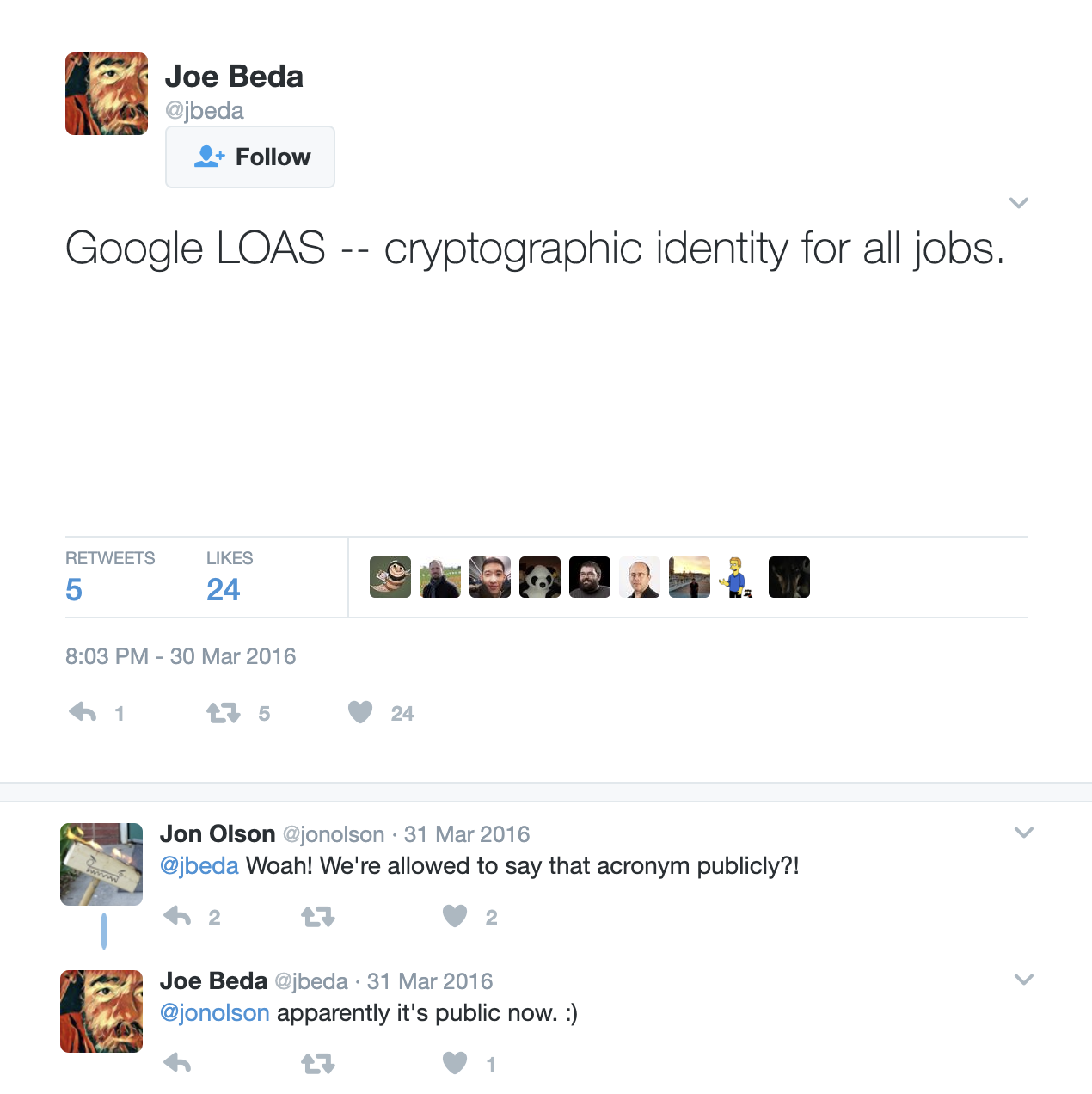 A tweet from Joe Beda reading: Google LOAS -- cryptographic identity for all jobs